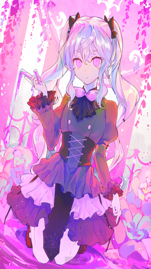 Anime girl with pink and white hair in a dark dress
