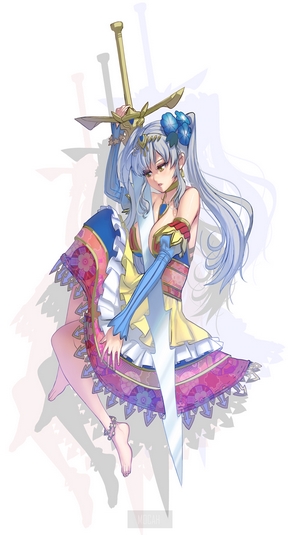 Anime girl with sword and blue flowers in hair