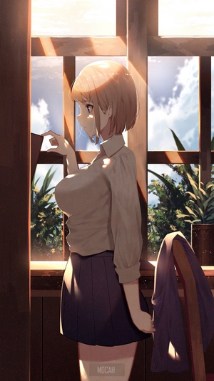 Anime girl by a window with plants