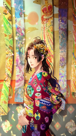 Anime girl in a red kimono with floral patterns