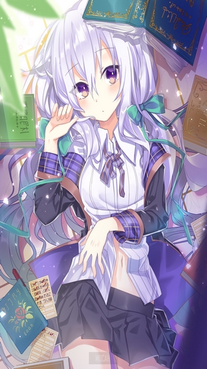 Anime girl with purple eyes and white hair surrounded by books