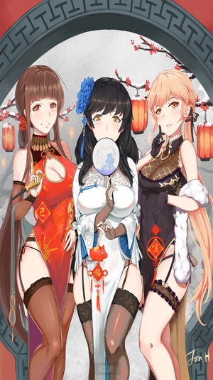 Three anime girls in Chinese dresses