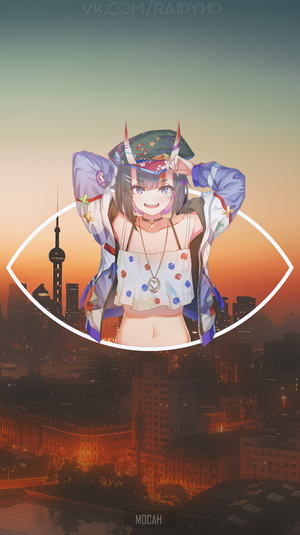 Anime girl with horns in front of Shanghai skyline