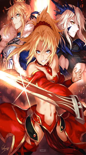 Artoria Pendragon, Lancer Artoria, and Mordred from Fate/Grand Order