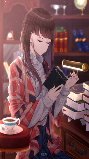 Anime girl reading a book in a library