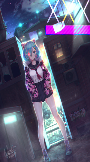 Anime girl with cat ears in urban alley at night