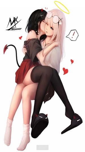 Anime girls, one with devil horns and tail, the other with a halo