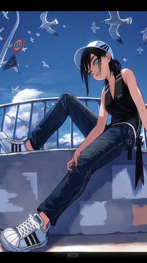 Anime girl in cap and jeans sitting by railing