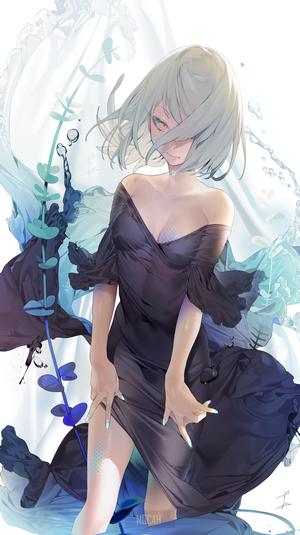Anime girl in a dark dress with water elements
