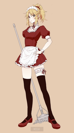 Mordred from Fate/Apocrypha in a maid outfit holding a mop
