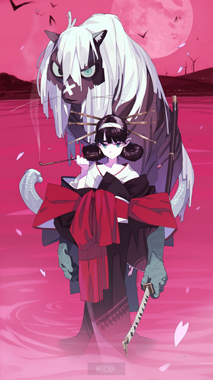 Anime girl with tiger and snake spirit
