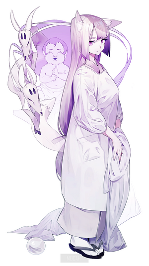 Anime girl with fox ears and spirit companions