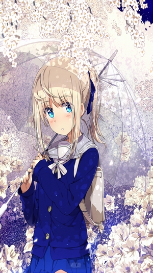 Anime girl with blonde ponytail and blue eyes holding umbrella