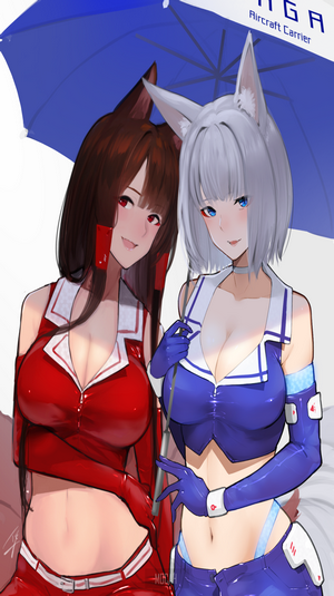 Akagi and Kaga from Azur Lane under an umbrella