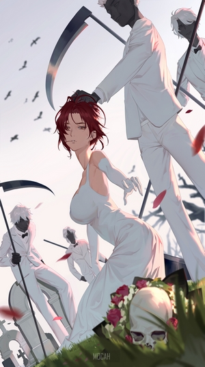 Redhead woman in white dress with reapers and skull