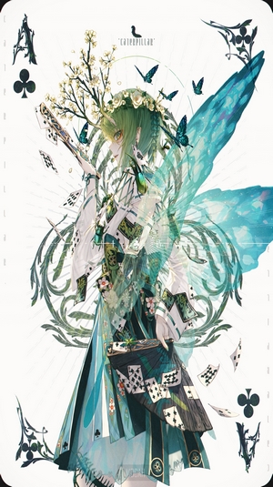 Anime girl with butterfly wings and playing cards