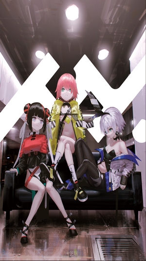 Three anime girls sitting on a couch