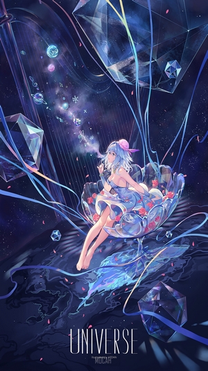 Anime girl with blue hair in a cosmic harp setting