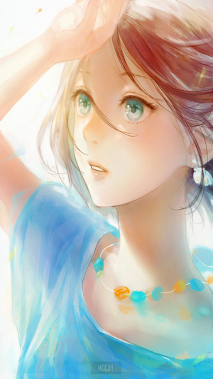 Anime girl with blue dress and necklace