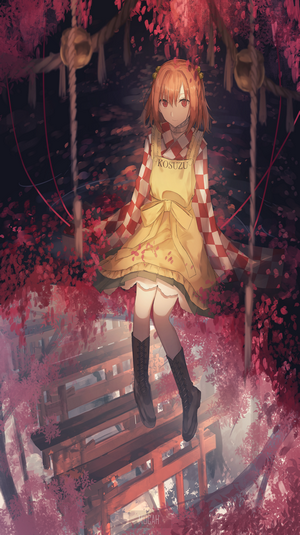 Kosuzu Motoori from Touhou sitting among red leaves