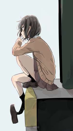 Anime girl in school uniform sitting on a ledge