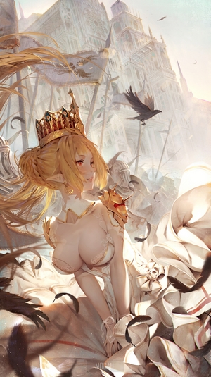 Anime girl with crown and white dress near castle