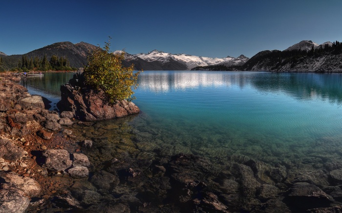 Turquoise lake with snow-capped mountains and rocky shore