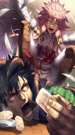 Harpy girl and man eating dumplings