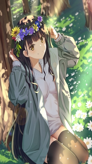 Anime girl with flower crown in forest