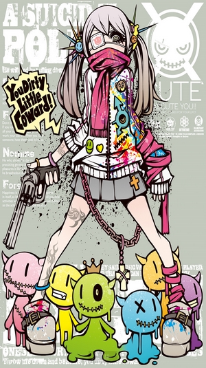 Anime girl with gun and plush toys