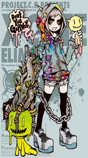Anime girl with mechanical arm and creature