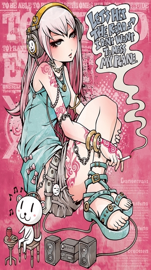 Anime girl with headphones and tattoos smoking a cigarette