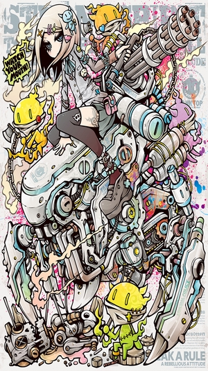 Anime girl with a minigun mech and creatures
