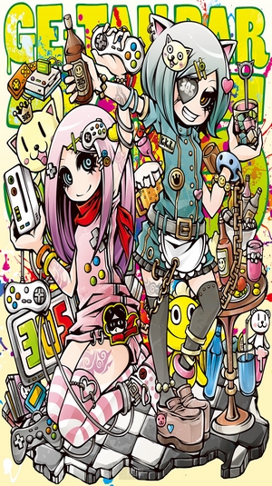 Anime girls with video game controllers and drinks