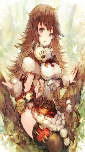 Anime girl with brown hair holding a teddy bear in a forest