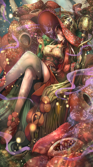 Anime girl with red eyes sitting on a throne of plants