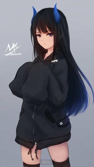 Anime Girl with Blue Horns in Black Hoodie