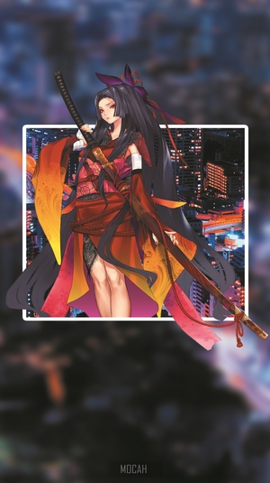 Anime girl with katana in front of city skyline