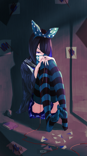 Anime girl with blue bow and mask sitting