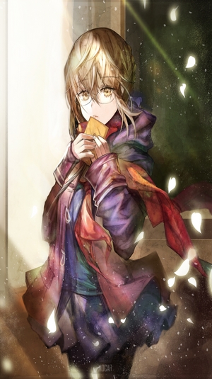 Anime girl with glasses holding a letter