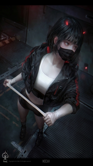 Masked Anime Girl with Dark Hair and Red Horns