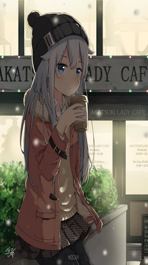 Hibiki from Kantai Collection drinking coffee outside a cafe