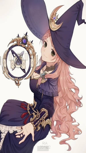 Anime witch with pink hair holding an astrolabe