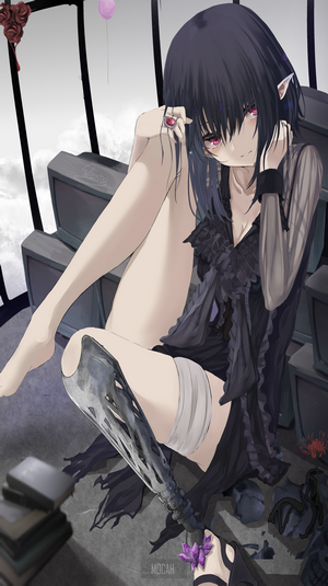 Anime girl with dark hair and red eyes