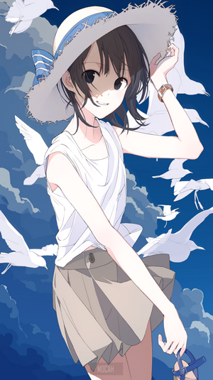 Anime girl with black hair and straw hat surrounded by birds