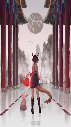 Anime girl with dragon tail and lantern