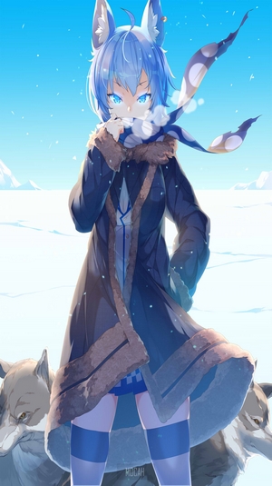 Anime girl with blue hair and animal ears in the snow