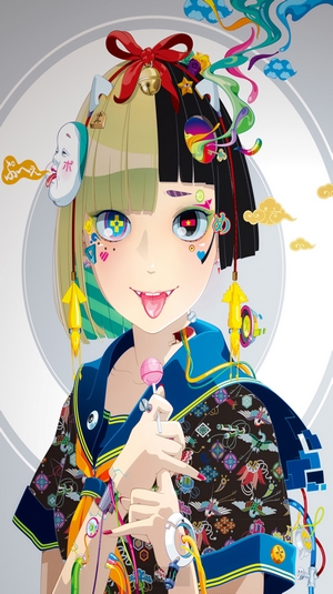 Anime girl with lollipop and mask by Takahashi Hiroyuki-Mitsume