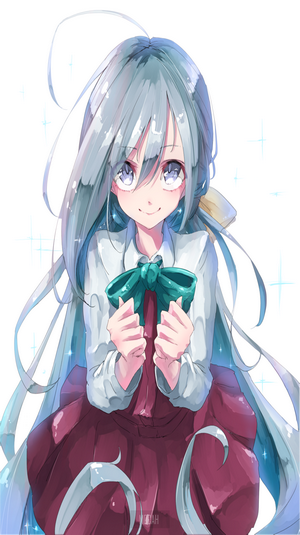 Kiyoshimo from Kantai Collection holding a teal ribbon