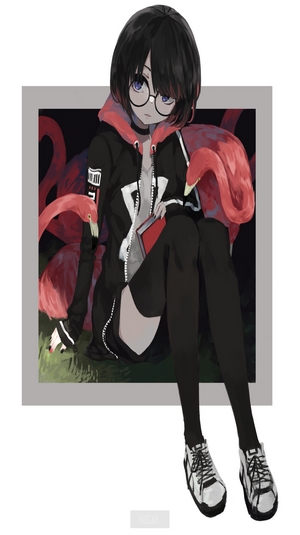 Anime girl with glasses and flamingos